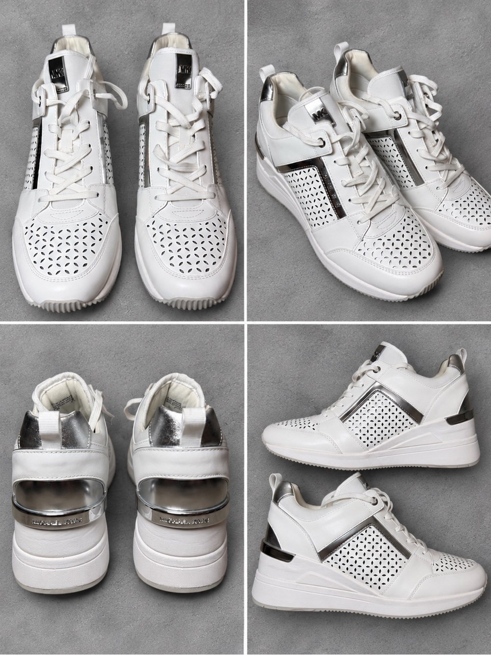 Michael Kors White Leather Perforated Wedge Sneakers with Silver Trim